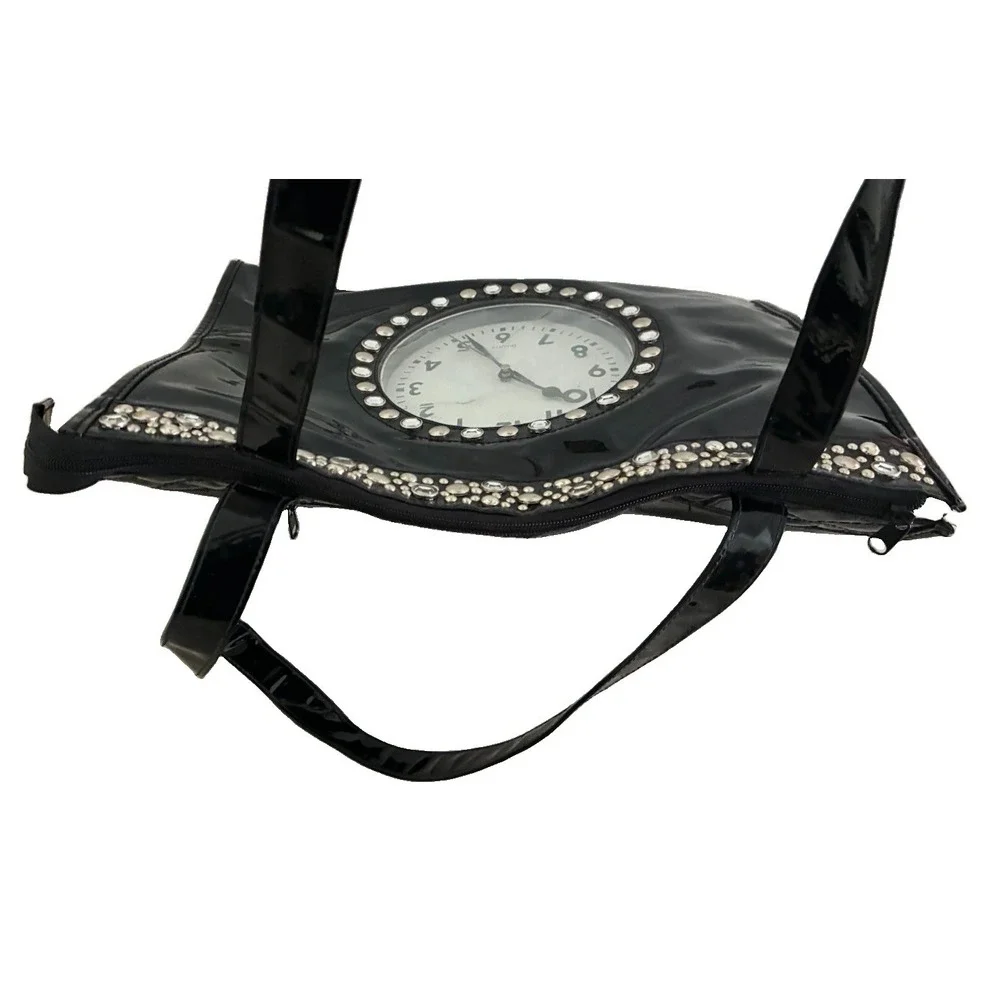 Vintage Far Nine Clock Purse Black Faux Patent Leather Rhinestones Works Y2K